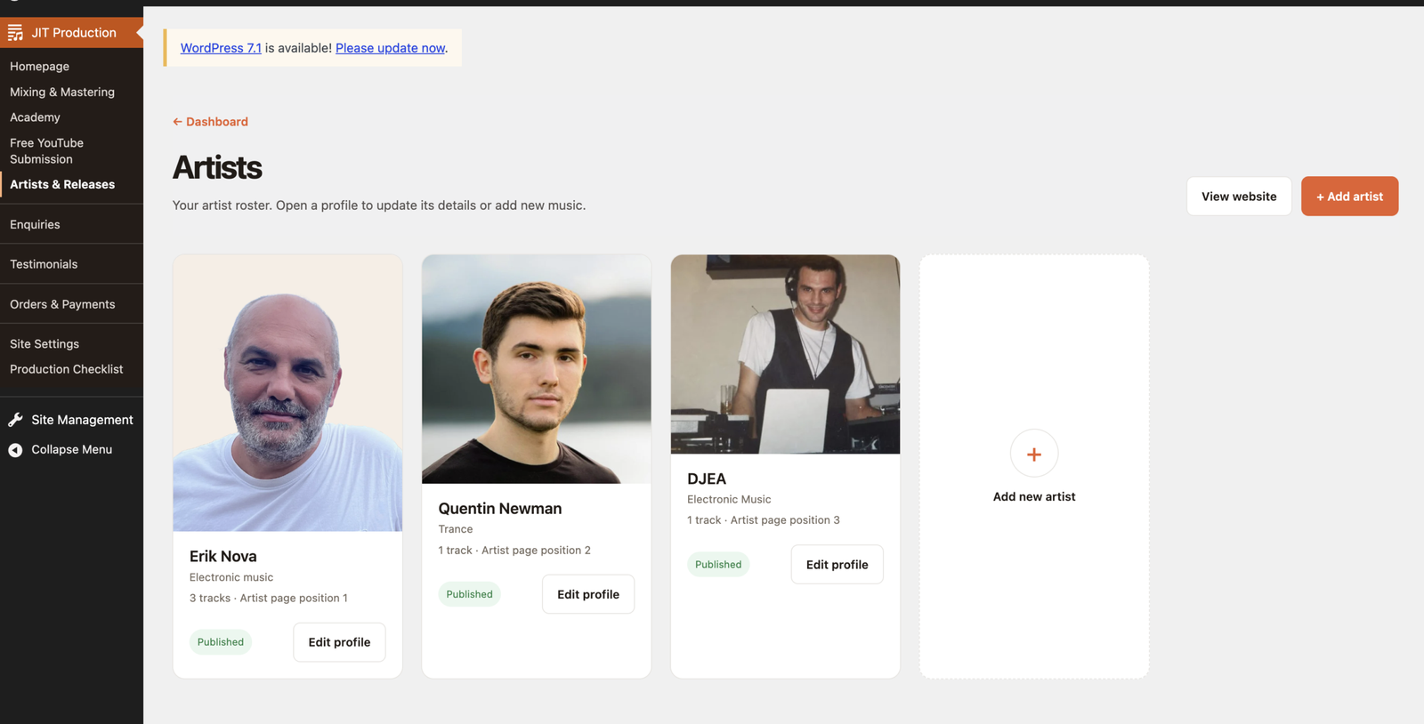 JIT Productions customised artists and releases management