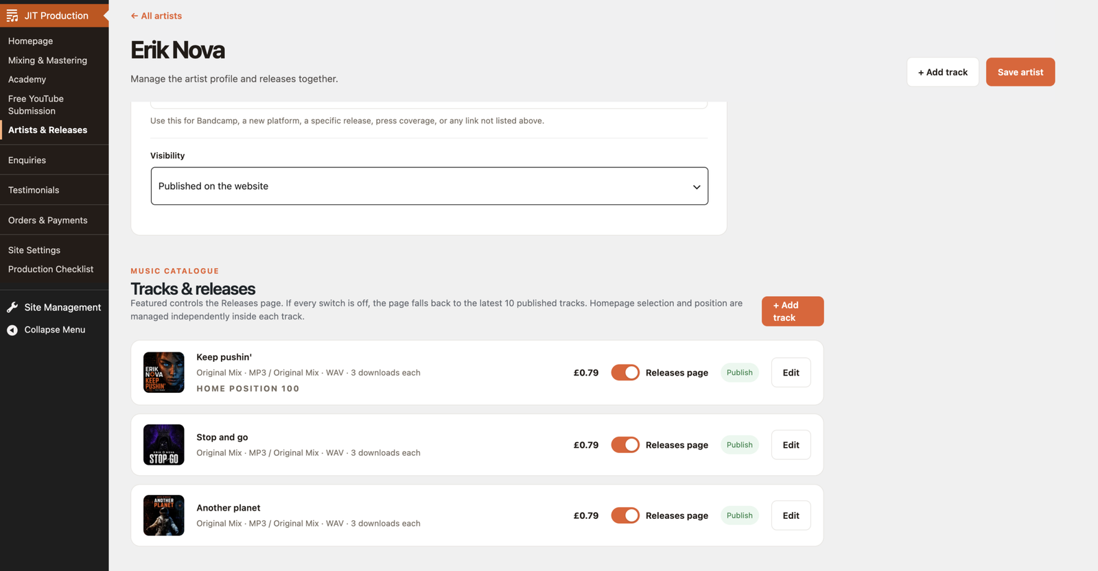 JIT Productions customised artists and releases management